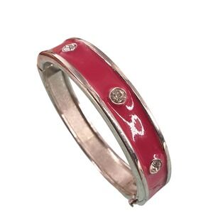 Pink Enamel Silver Tone‎ Hinged Bangle Bracelet with Clear Rhinestones Modern